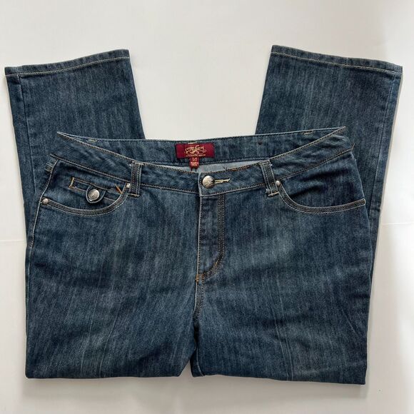 One 5 One Authentic Denim Dark Wash Blue Mid-Rise Bootcut Capri Jeans 14 - Picture 1 of 5